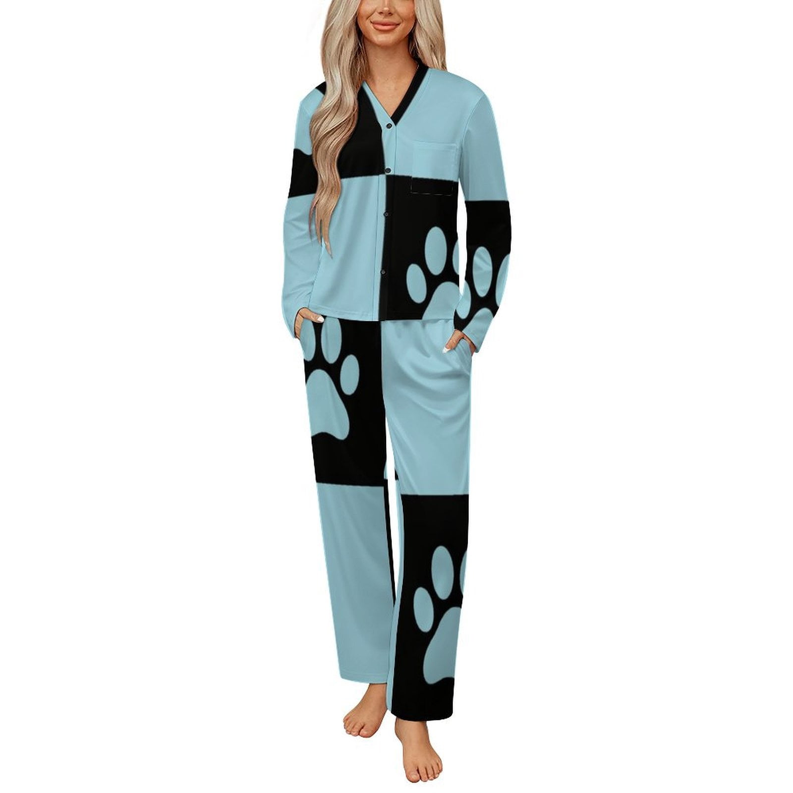 Paw Prints on Checkered Background Womens Pyjamas Set Button Up Pyjamas ...