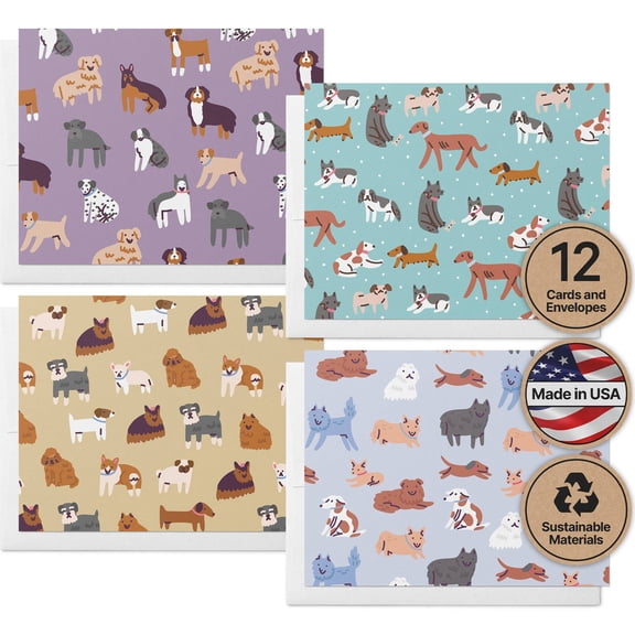 Twigs Paper Dog Patterns Note Cards, 12 Blank Dog Cards with Envelopes