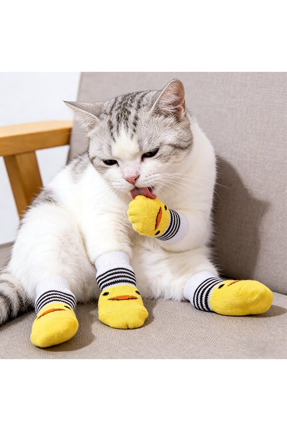 Paw Protectors for Dogs, Non-Slip Cat Socks, Puppy Socks, Indoor Cat Socks, 4-Piece Yellow Cartoon Duck Dog Socks with Silicone Traction Grips, Soft Knit Paw Wraps for Teddy,