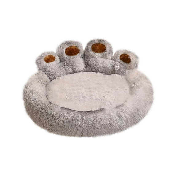 Paw Shape Calming Pet Bed, Medium Plush Faux Fur Donut Bed for Dogs & Cats, Machine Washable, Non-Slip Bottom, Large Size (23.6"), Gray