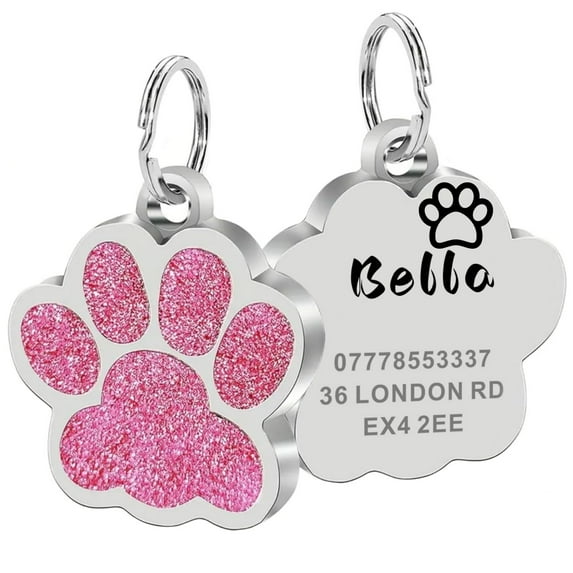 Paw Shape Dog ID Tag Stainless Steel Custom Laser Engraved, Cute Bling Glitter Pet Name Tags Personalized with Durable Engraving, Pink