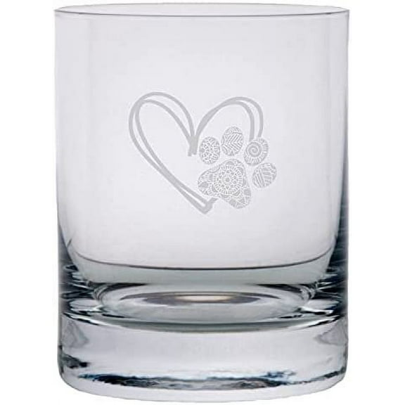 Paw Sketch Heart 2 Puppy Love Paw Prints Etched 11oz Crystal Rocks Whisky Glass