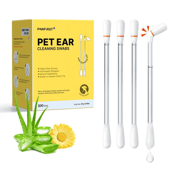 PawFirst Pet Ear Cleaning Cotton Swabs for Dogs & Cats, Individually Wrapped Ear Care Swabs, Break-to-Activate Liquid Tip, Dry or Wet Use, 100 Count