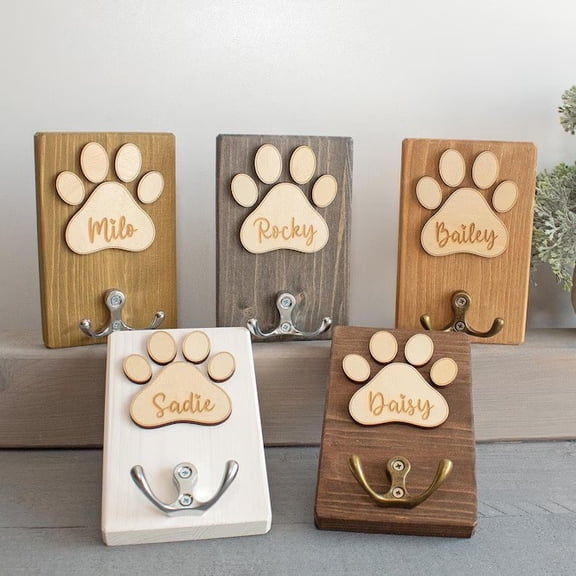 PawHaven Home Personalized Dog Paw Print Wooden Leash Holder, Custom Engraved Pet Name Wall Mount Hook, Rustic Wood Dog Leash Hanger for Entryway, Mudroom, Hallway, Perfect Gift for Dog & Pet Owners