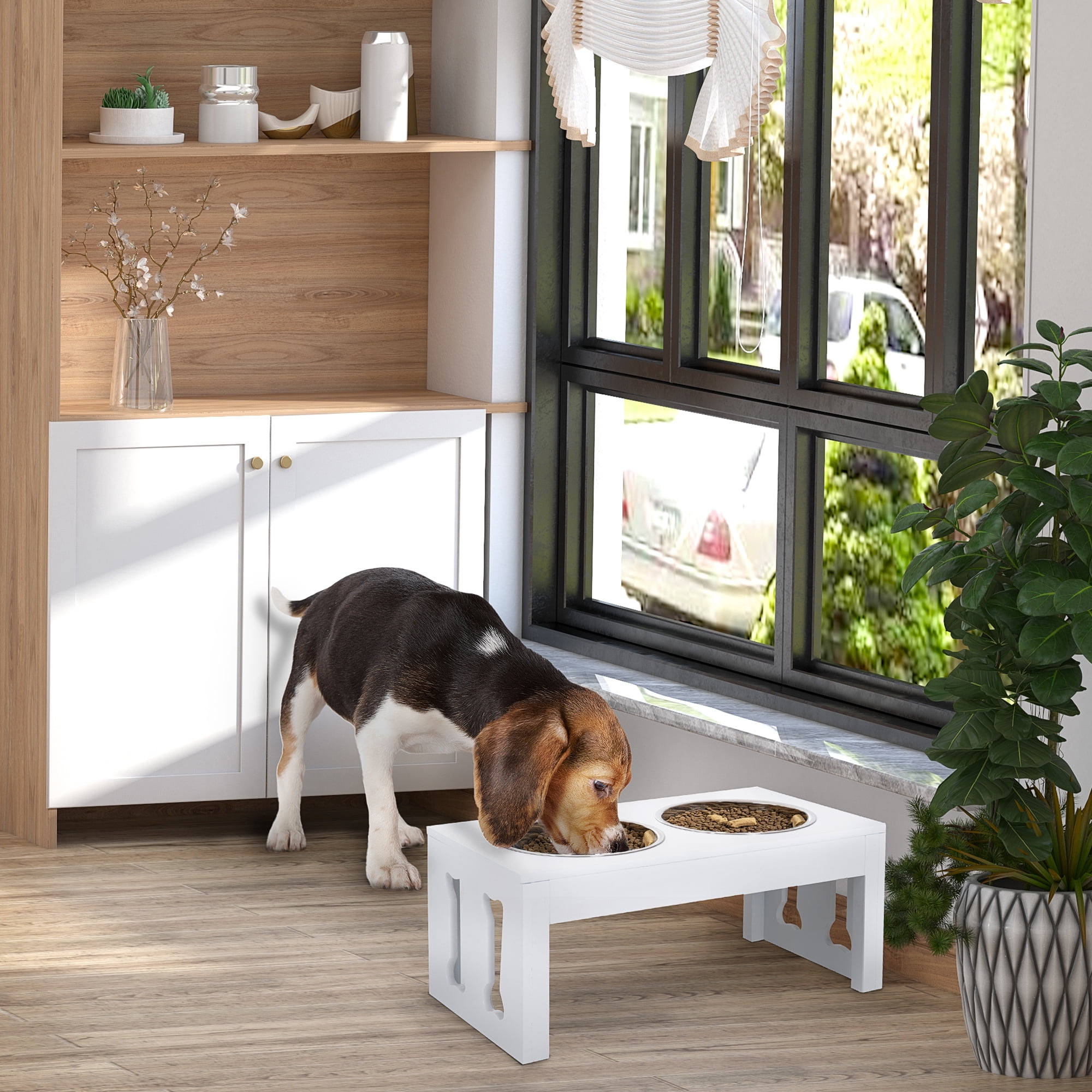 PawHut 10" Elevated Dog Pet Food Feeder Bone Heavy Duty double Bowl Wooden White