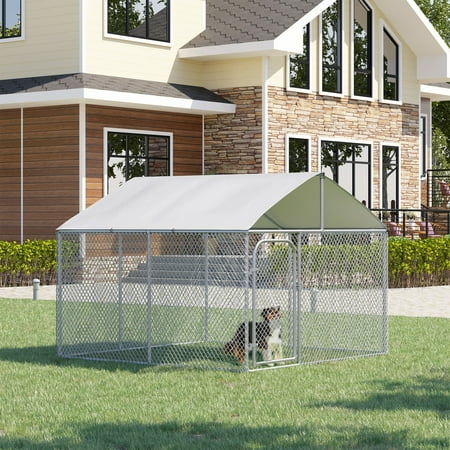 PawHut Outdoor Metal Dog Kennel, Pet Playpen with Steel Lock, Mesh Sidewalls and Cover for Backyard & Patio, 9.8' x 9.8' x 7.7'