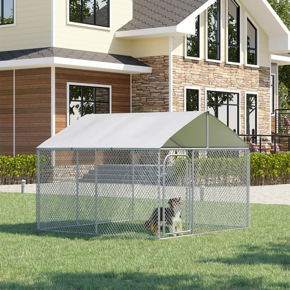 PawHut 10' x 10' x 6' Outdoor Chain Link Box Kennel Dog House with Cover