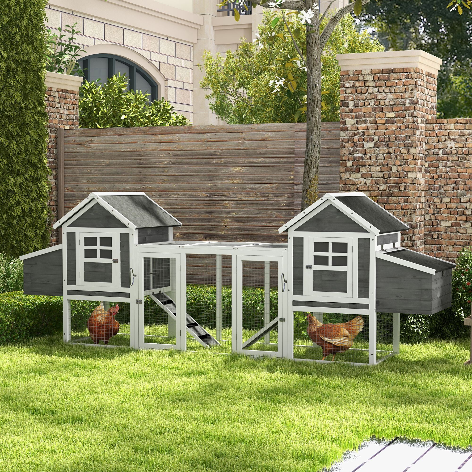 Large Dark Gray Wooden Dual Chicken Coop with Nesting Boxes