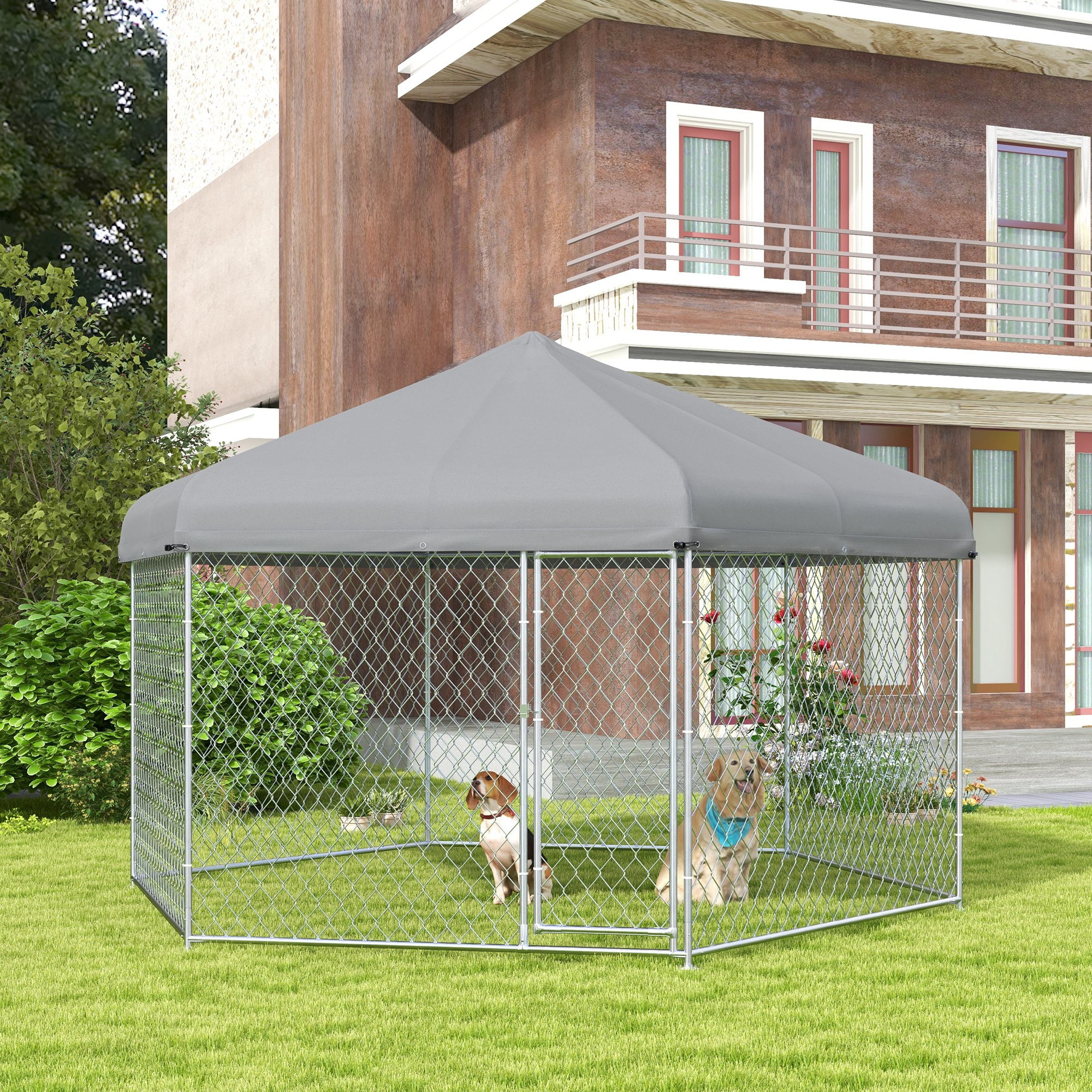 Large Galvanized Steel Outdoor Dog Kennel with Weatherproof Roof