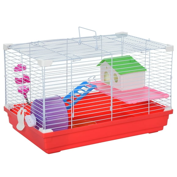 PawHut 18.5" 2-Tier Hamster Cage with Wheel and Water Bottle, Red