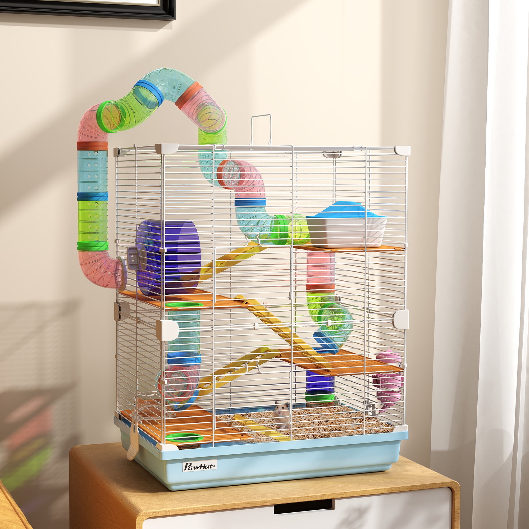 PawHut 18" 5-Tier Hamster Cage with Wheel and Water Bottle, Light Blue