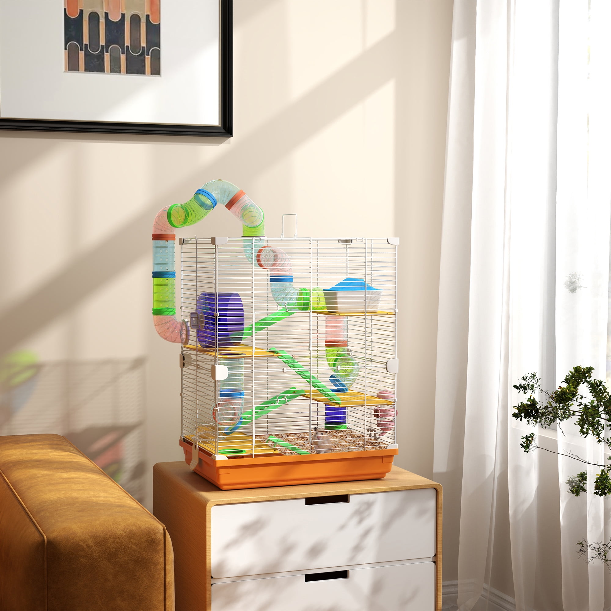 Orange 5-Tier Hamster and Gerbil Habitat with Tubes and Wheel