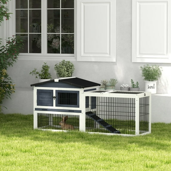 PawHut 2 Level 59" Outdoor Rabbit Hutch with Openable Top, Dark Gray