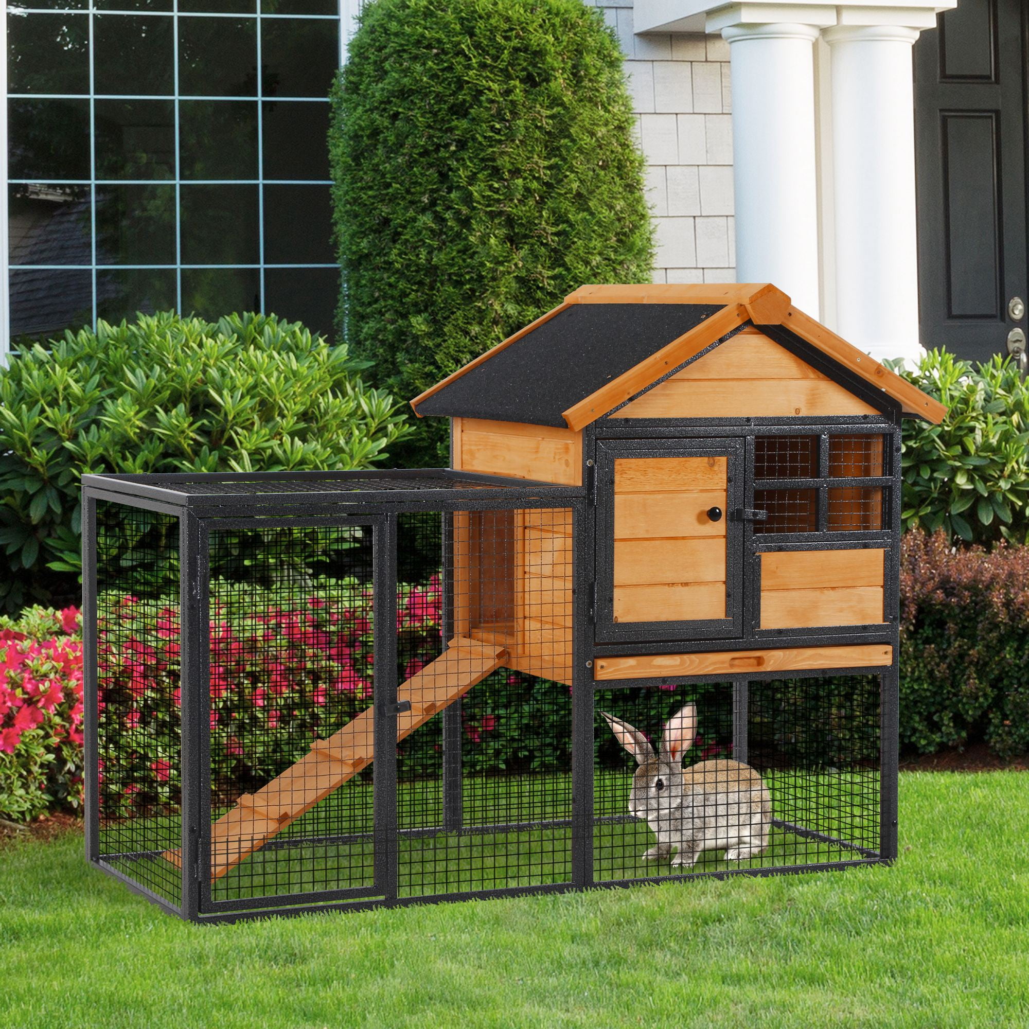 PawHut 2 Level Rabbit Hutch Bunny House with Weatherproof Asphalt Roof Removable Tray and Ramp for Outdoor