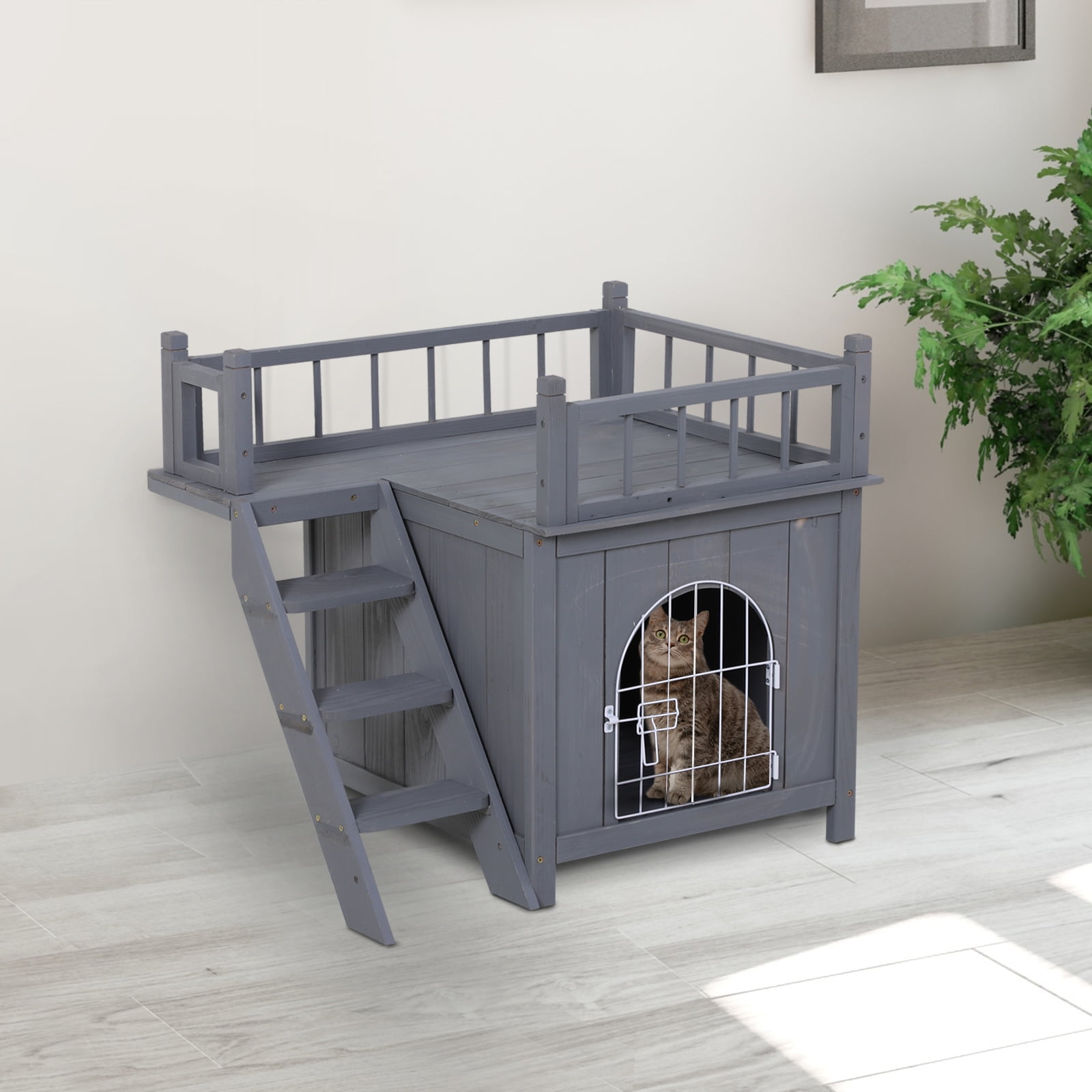 Gray Wooden 2-Level Outdoor Cat House with Balcony