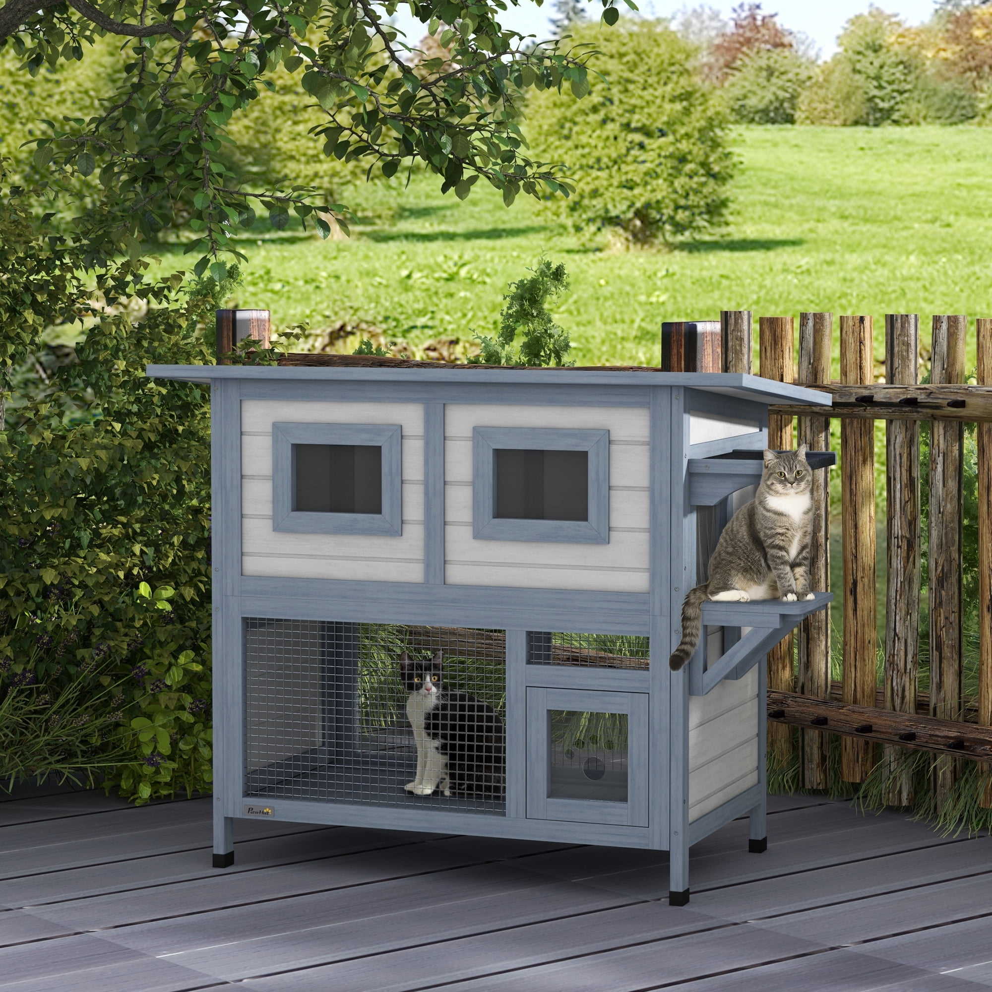 Gray 2-Tier Weatherproof Wooden Outdoor Cat House