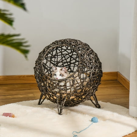 20.5" Comfortable Rattan Cat Bed w/ Soft Cushion, Round Design