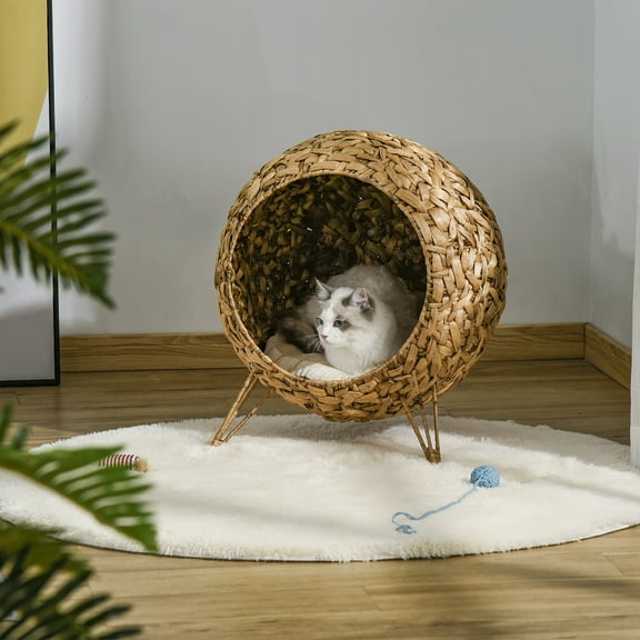 Weaved Cat Bed, Elevated Hand-Woven Braided Banana Leaf Kitten House Condo with Cushion, Natural