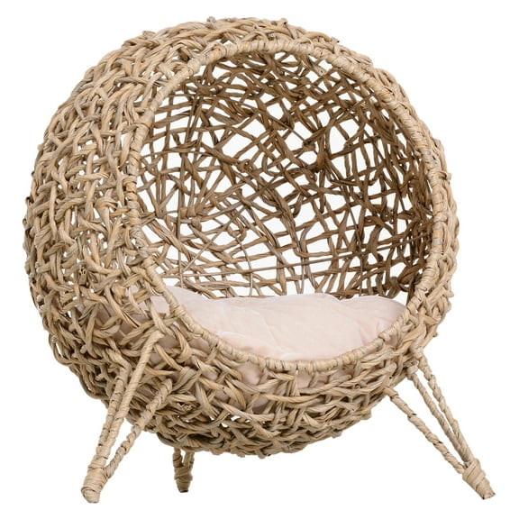 PawHut 20.5" Weaved Cat Bed, Elevated Hand-woven Braided Banana Leaf Kitten House Condo with Cushion, Beige