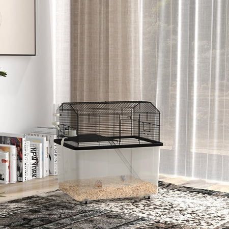 PawHut 22" 2-Tier Hamster Cage with Extra-Deep 14" Base, Small Animal Cage with Ramp, Water Bottle, Food Dish, Wheels, Black