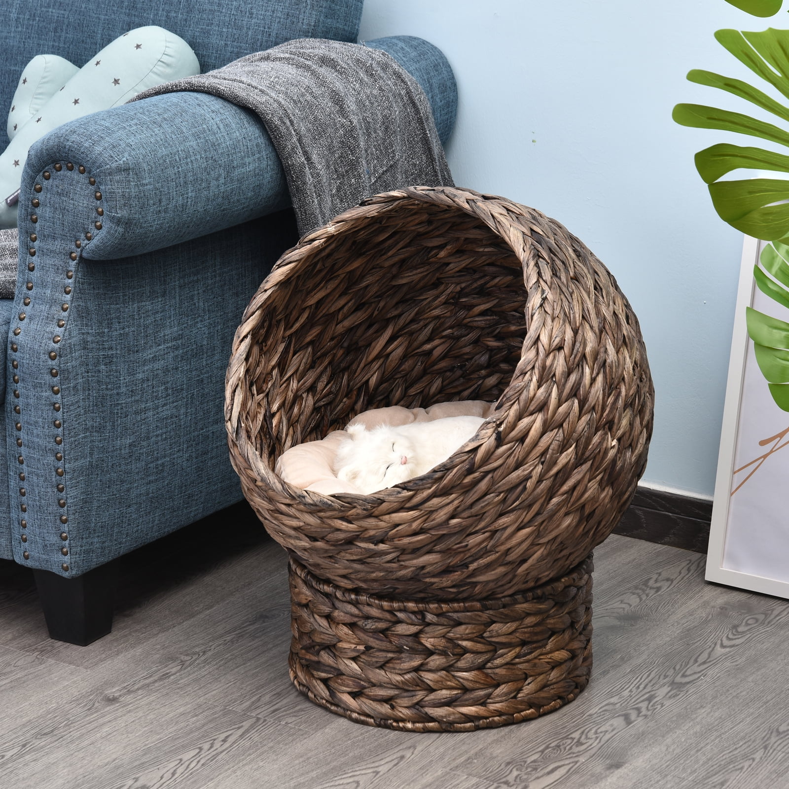 Small Round Dark Brown Wicker Cat Bed with Beige Cushion