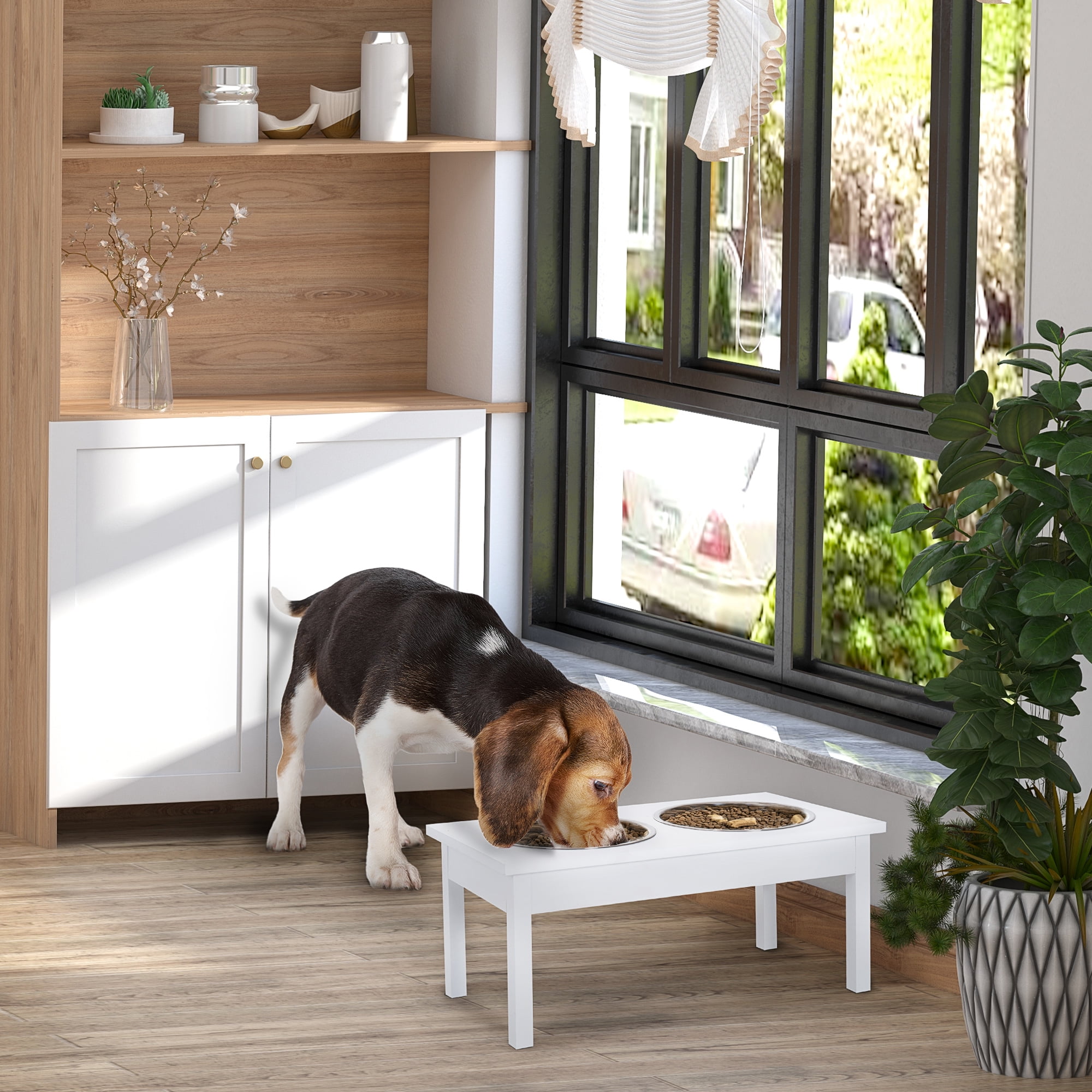 PawHut 23" Wooden Heavy Duty Dog Food Bowls Pet Elevated Feeding Station -White