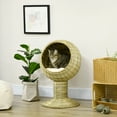 thumbnail image 1 of PawHut 28" Hooded Elevated Cat Bed Rattan Kitten Condo Round with Cushion, Yellow, 1 of 9