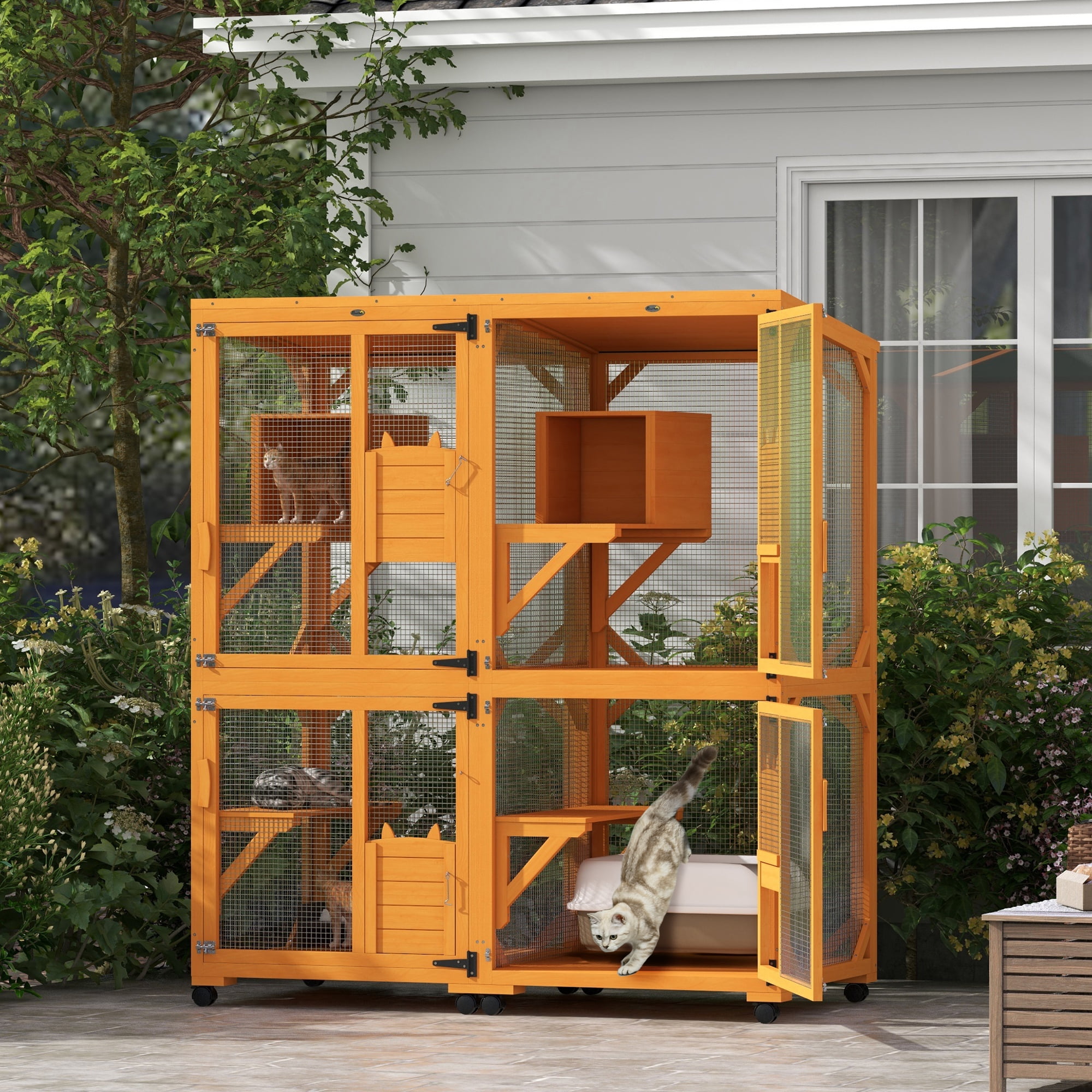 PawHut 2PCs Wooden Catio with Waterproof Roof Resting Box Wheels Orange