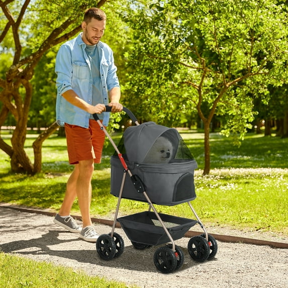 PawHut 3 in 1 Pet Stroller with Detachable Carrier, 4 Wheels Dog Stroller with Storage Basket, Cupholder, Washable Pads, for Mini Dogs and Cats, Gray