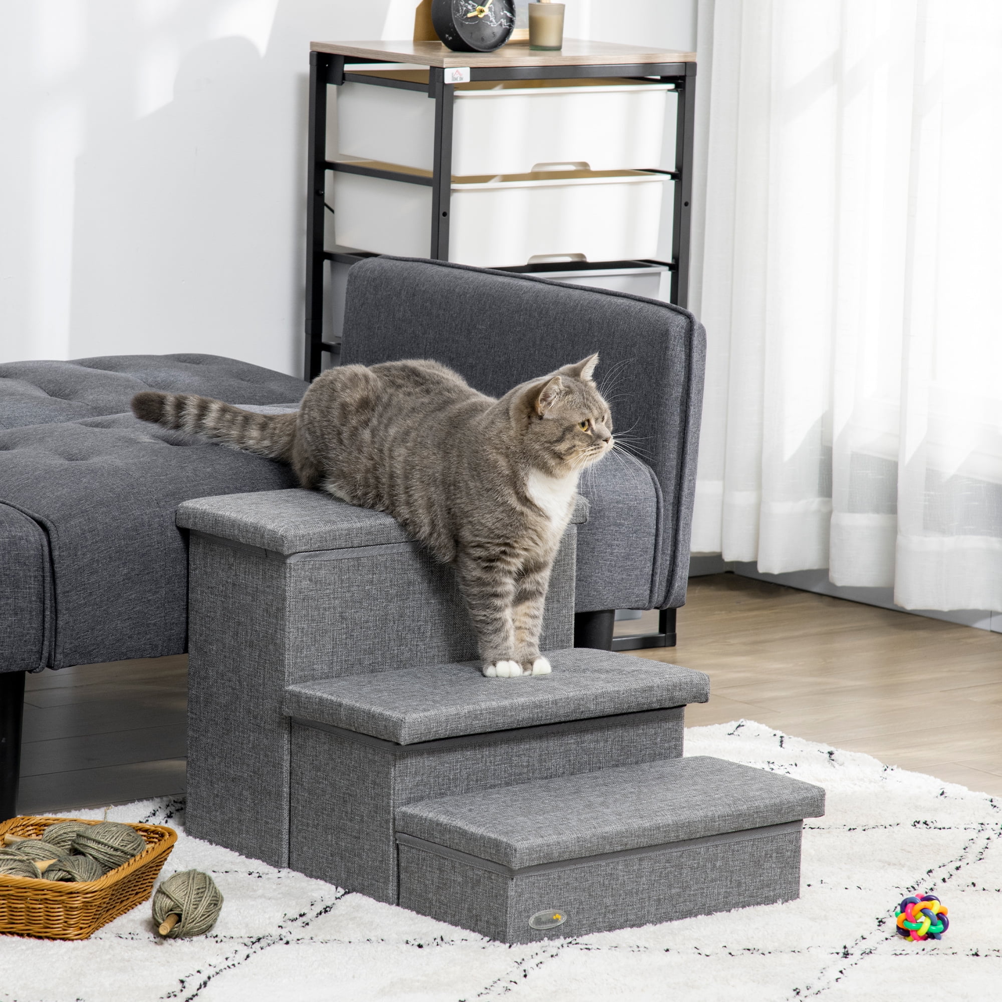 Gray 3-Step Pet Stairs with Storage for Bed and Couch