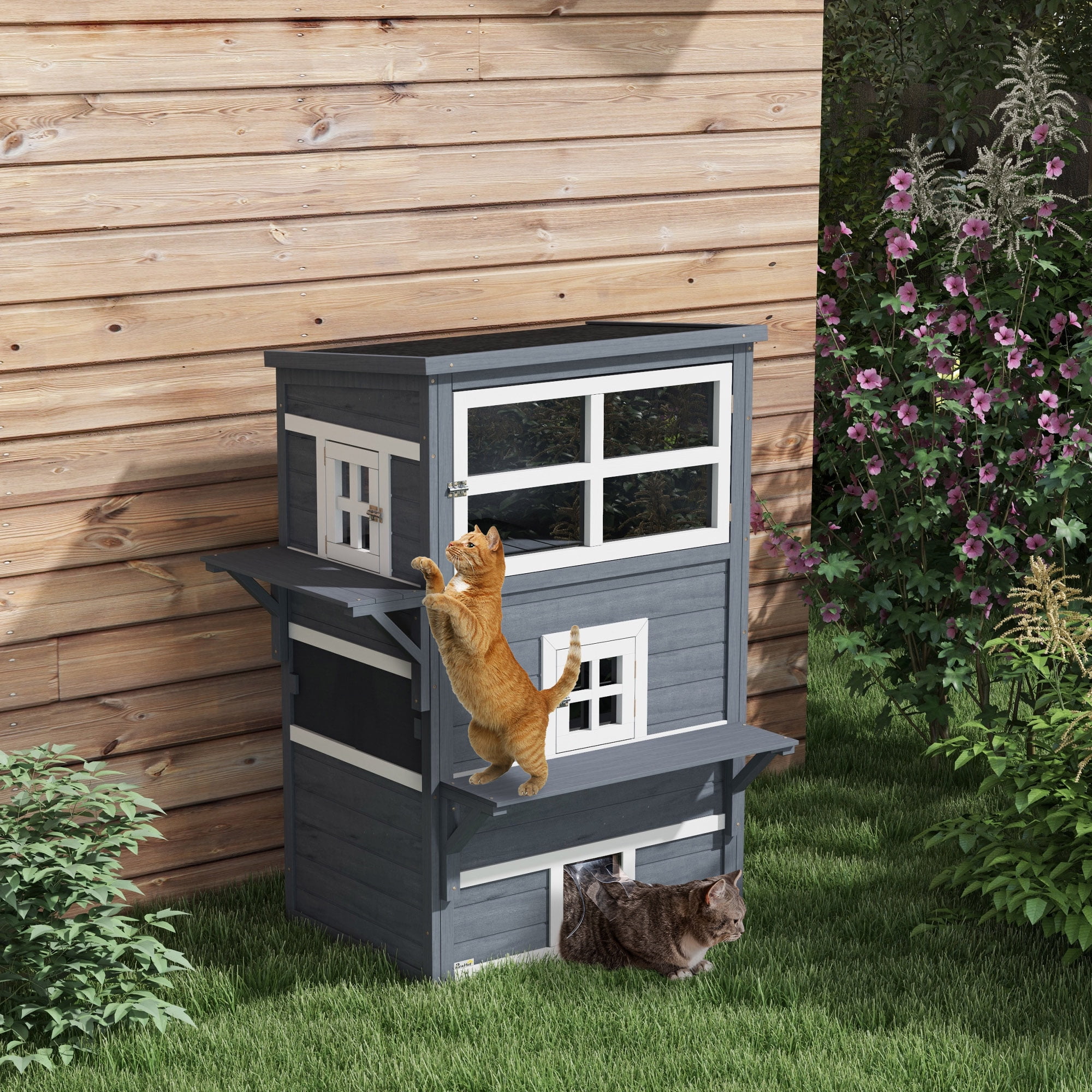 Dark Gray and White Solid Wood 3-Story Outdoor Cat House