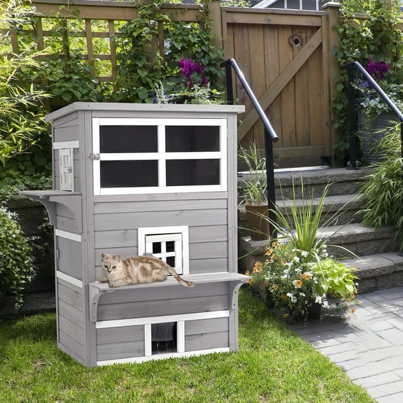 PawHut 3-Story Cat House with Raised Floor, Escape Doors, Gray