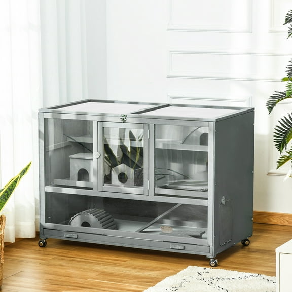 PawHut 3-Tier Wooden Hamster Cage, 43" Portable Guinea Pig Rat Habitat Hutch