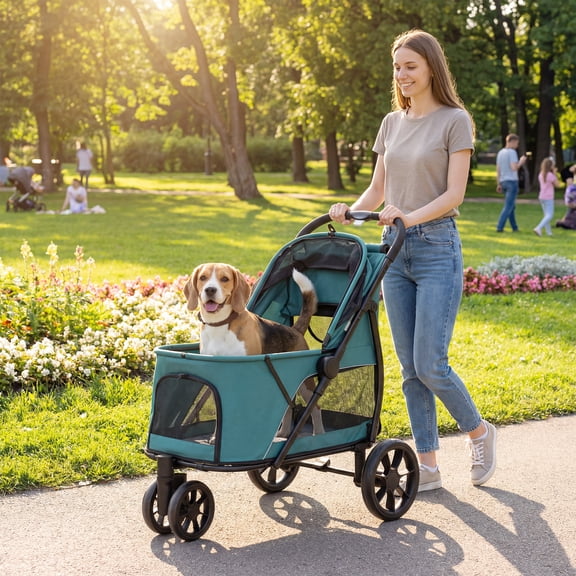 PawHut 3 Wheel Pet Stroller, Dog Stroller Dual Entry, Easy One-Click Quick Fold, Mesh Window, Washable Cushion, for Up to 44 lbs, Dark Green