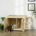 thumbnail image 1 of PawHut 3-in-1 Cat Litter Box Enclosure & Elevated Cat Bed Tree with Scratching Posts for Large & Small Kitties, Hidden Cat Litter Cabinet with Double Doors, Soft Cushion, 1 of 9