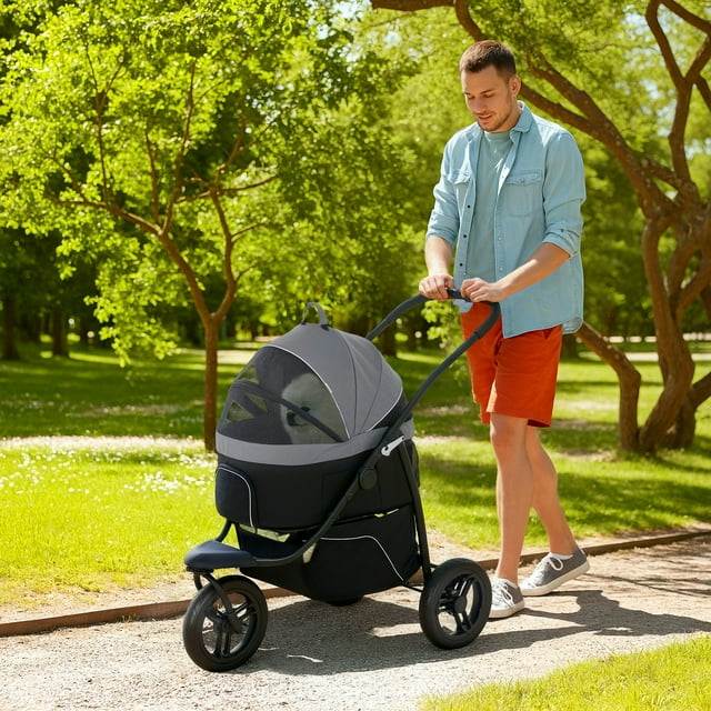 PawHut 3 in 1 Pet Stroller for Small Dogs and Cats, 3 Wheels Dog Jogging Stroller with Detachable Carrier, Storage Basket, Gray