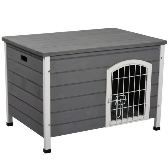 PawHut 31"L Wooden Decorative Dog Cage Kennel Wire Door with Lock Small Animal House with Openable Top Removable Bottom Grey