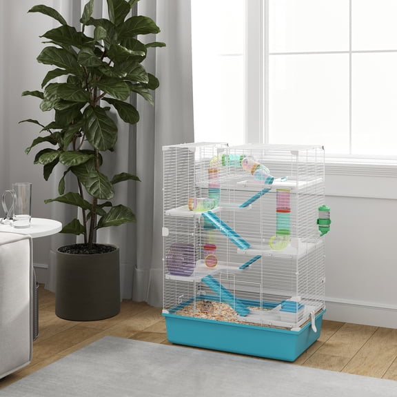 PawHut 32" Hamster Cage, 6 Tier Small Animal Cage with Tubes and Tunnels, Hut, Wheel, Food Dish, Water Bottle, Ramps, for Dwarf & Gerbil, Light Blue