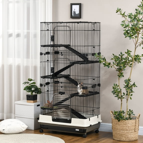 PawHut 26"/43"H Metal Bunny House Rabbit Cage Indoor Small Animal Hutch with Wheels