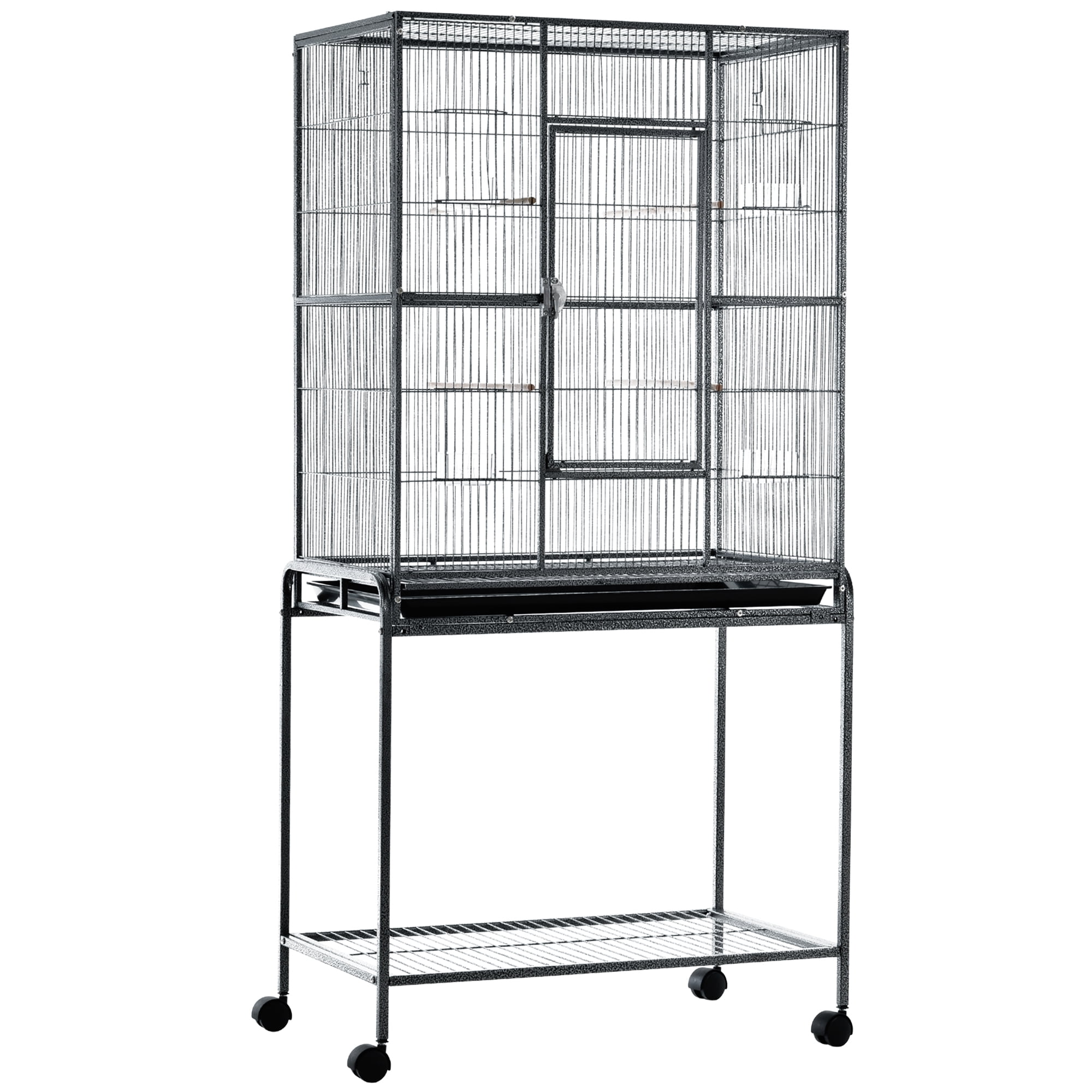 PawHut 32" Rolling Metal Bird Cage Feeder with Detachable Rolling Stand, Storage Shelf, Wood Perch & Food Container