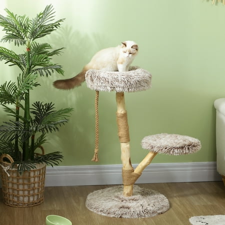 PawHut 35 Inch Moden Cat Tree Tower with Wooden Scratching Post, Brown