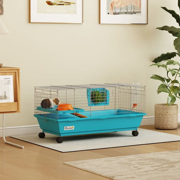 PawHut 35"L Small Animal Cage, Rolling Bunny Cage, Guinea Pig Cage with Food Dish, Water Bottle, Hay Feeder, Platform, Ramp for Chinchilla, Blue