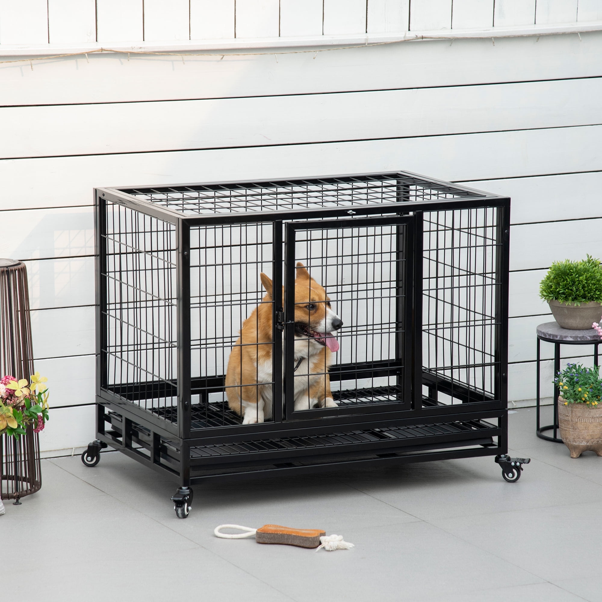 PawHut 36" Heavy Duty Dog Crate, Indestructible Dog Cage Kennel with Removable Tray, Lockable Wheels and 2 Doors, Black