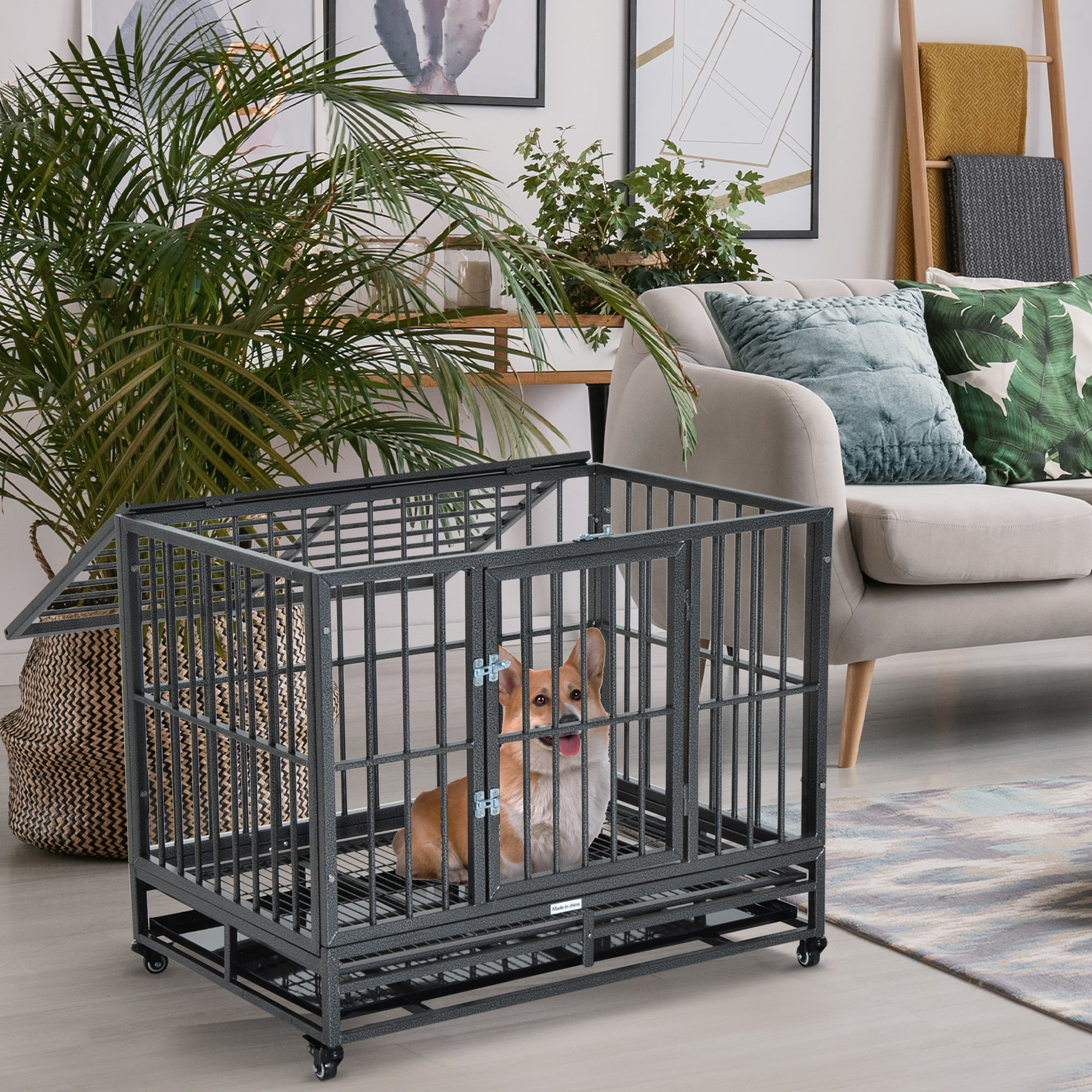 PawHut Dog Crate 36 Heavy Duty Metal Lockable Wheels Double Door Removable Tray Gray Walmart