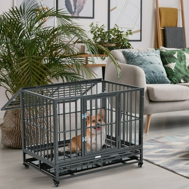 PawHut 36" Heavy Duty Dog Crate Metal Cage Kennel with Lockable Wheels, Double Door and Removable Tray, Gray