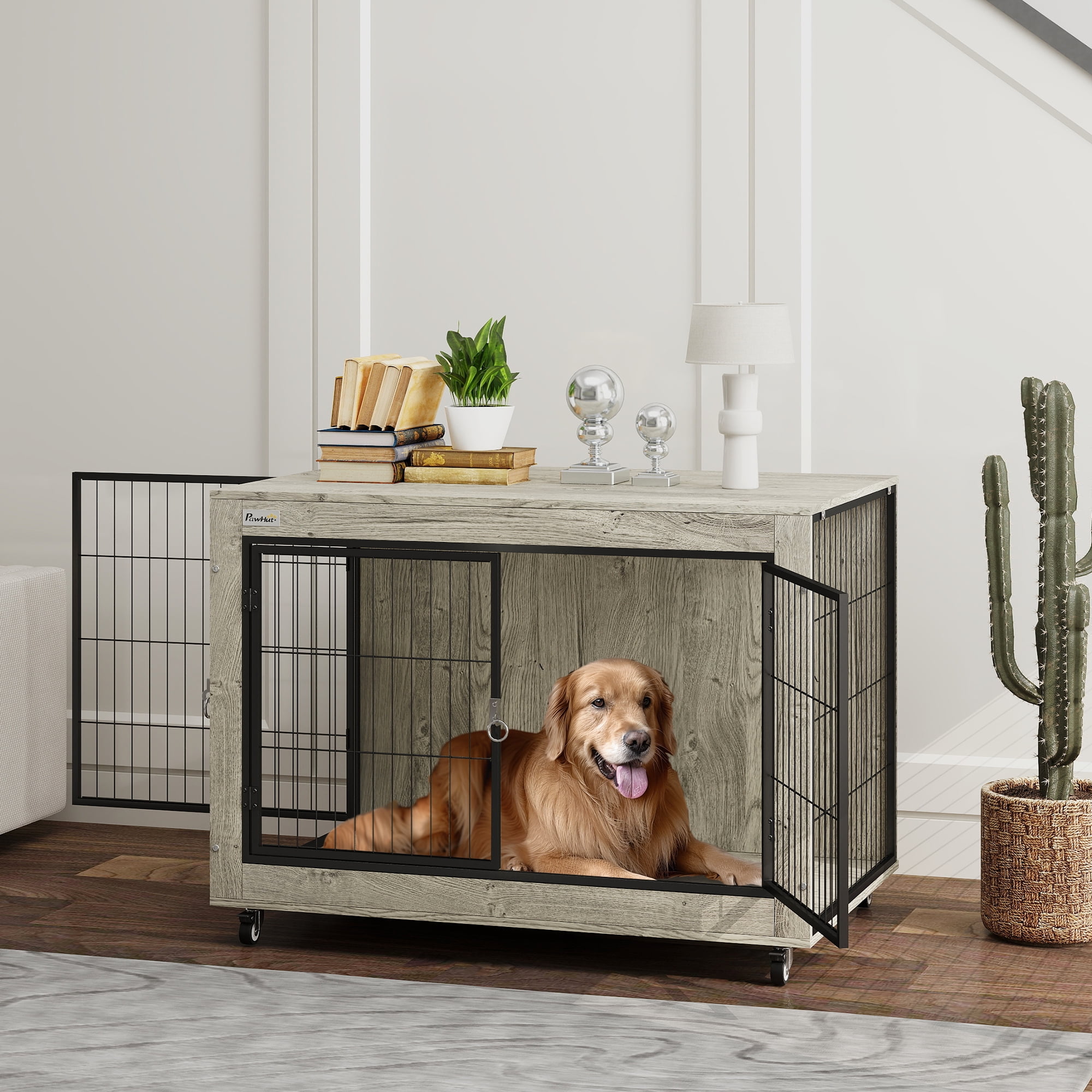 Gray 39" Dog Crate Furniture with Wheels and Interchangeable Side Door