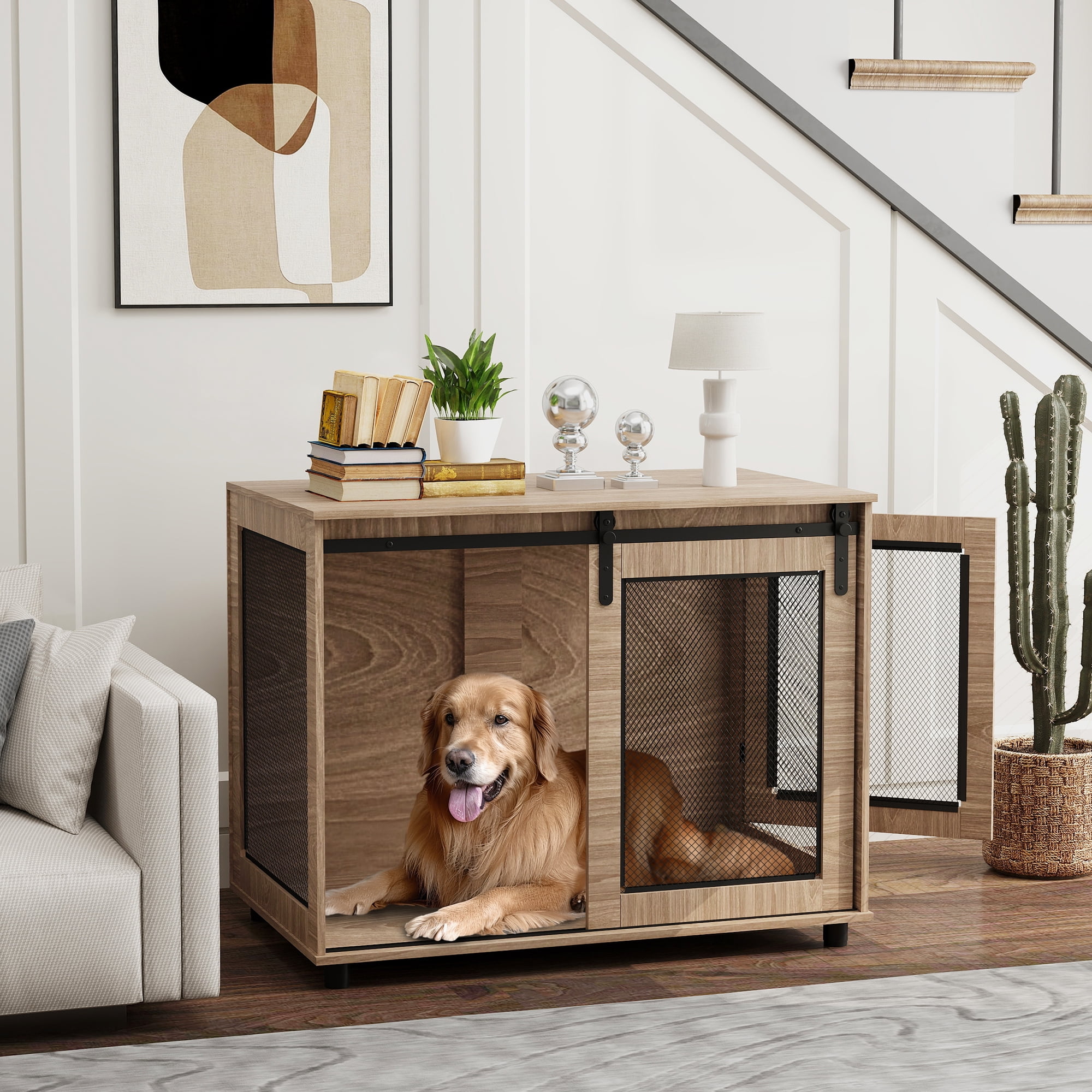 Large Brown Wood and Mesh Dog Crate Table