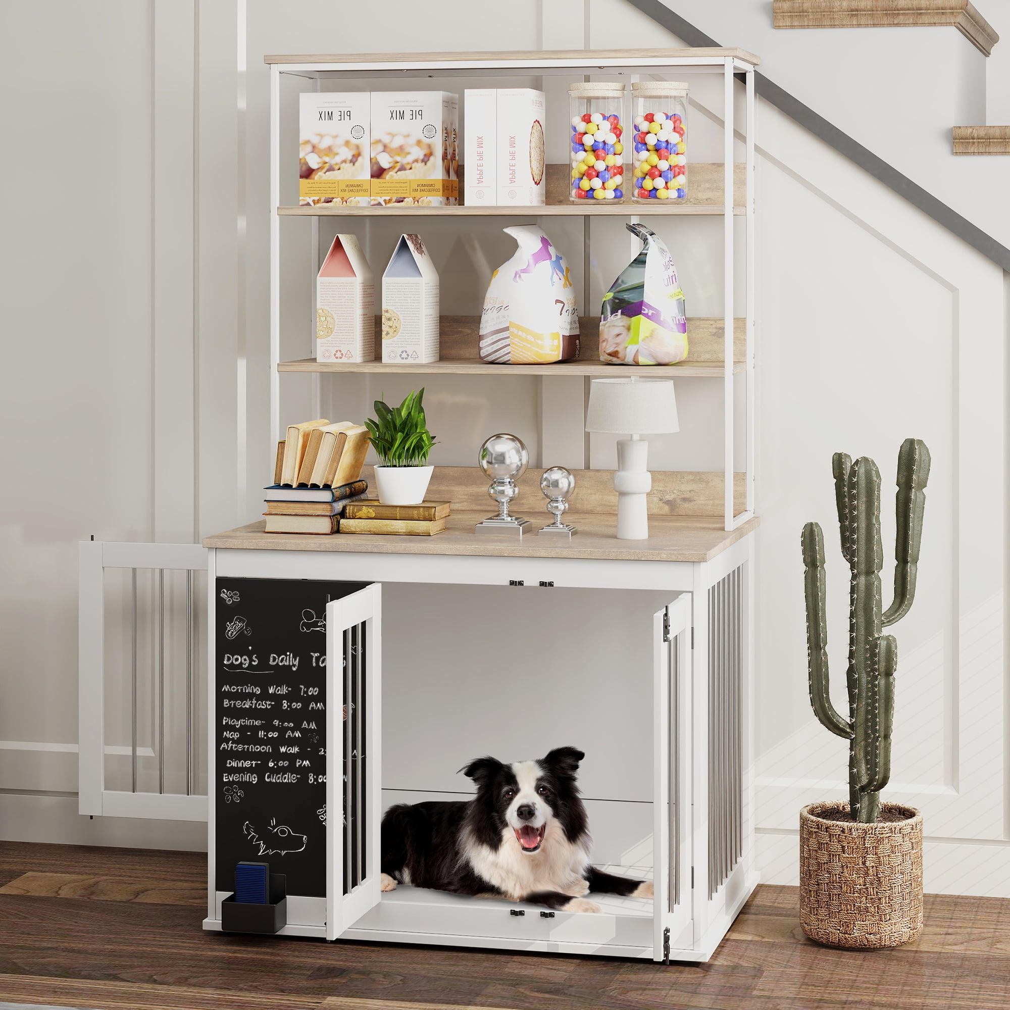 Large White Particleboard and Steel Dog Crate Table with Shelves