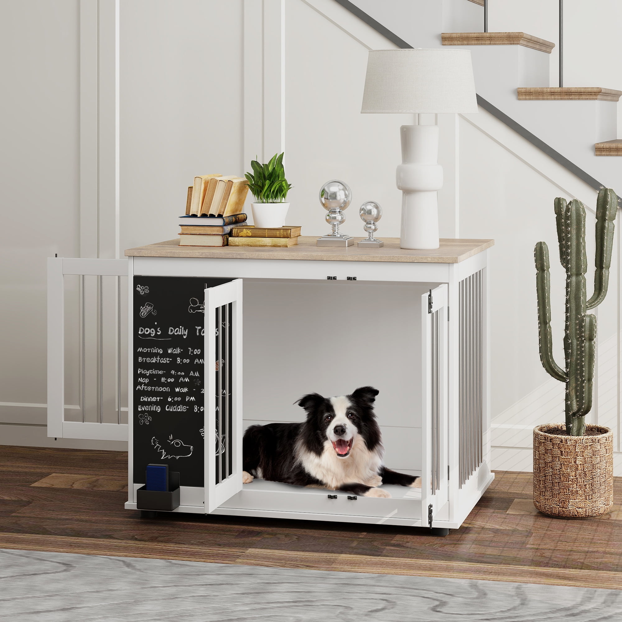 Large White Particleboard and Steel Dog Crate Table