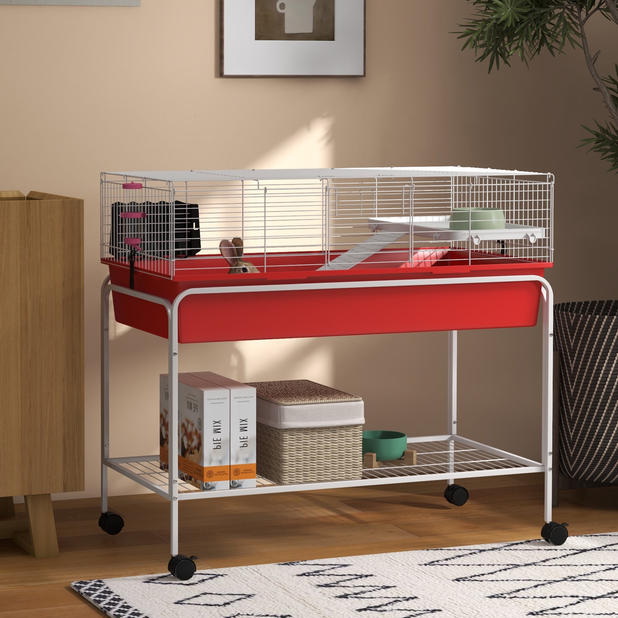PawHut 39" Small Animal Cage Guinea Pig, Hedgehog, Ferret Pet Habitat, Red